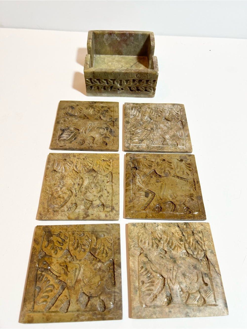 Carved Stone Box with 6 Carved Stone Coasters - elephants - Jamaica